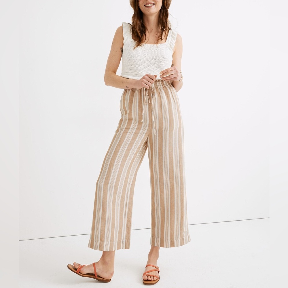 New Madewell Smocked Huston Pull-On wide Leg Crop Linen Pants in Stripe Medium